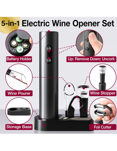 Juego de Abridor de Vino Eléctrico 5 en 1 CREERJOY Negro