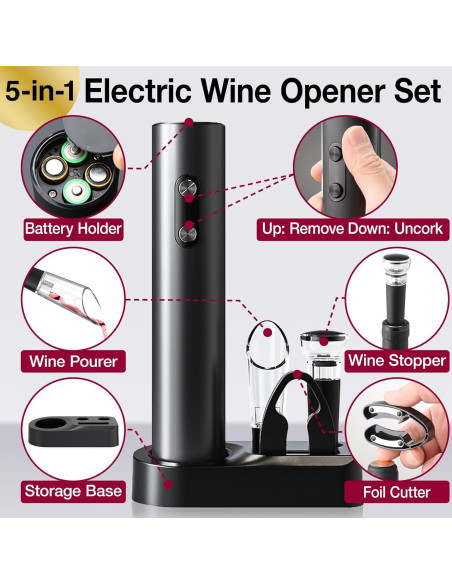 Juego de Abridor de Vino Eléctrico 5 en 1 CREERJOY Negro