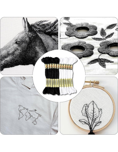 Set de 12 Madejas Hilo de Bordar Xiphum 8m Negro y Blanco