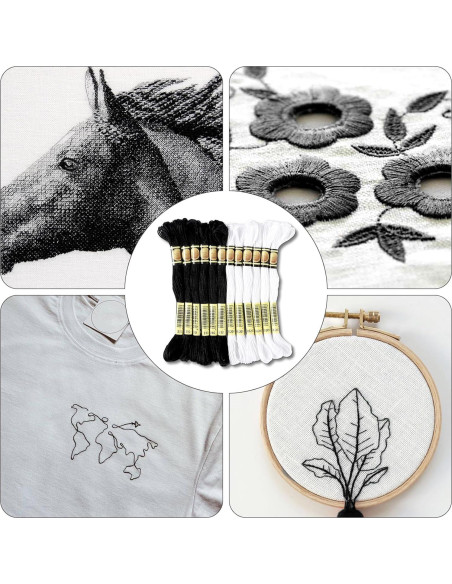 Set de 12 Madejas Hilo de Bordar Xiphum 8m Negro y Blanco