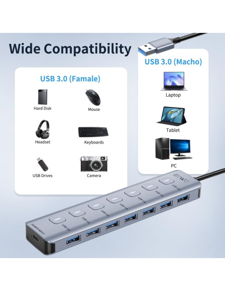 Hub USB 3.0 7 Puertos Aluminio - Alta Velocidad 5Gbps