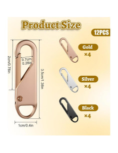 Juego de 12 tiradores de cremallera FdcZeyxior dorado, plateado y negro 2