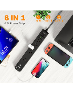 Regleta de Sobretensión Addtam 5 Salidas 3 USB 1.8m 1875W 2