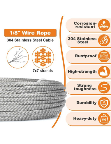 Kit de Cable de Acero Inoxidable 1/8 30.48m TooTaci con Herramientas