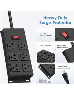 Regleta de 20A JUNNUJ Metal 1.83m 6 Salidas 12 AWG 2