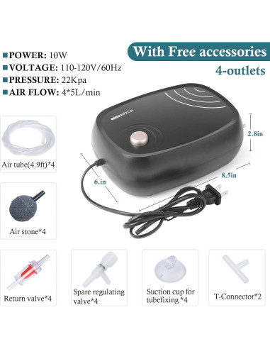 Bomba de Aire HITOP 10W 1219L/h 4 Salidas para Acuario