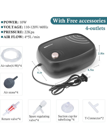 Bomba de Aire HITOP 10W 1219L/h 4 Salidas para Acuario