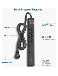 Regleta de Protección 6 Salidas Cable Matters con USB 3.4A 2.44m 2