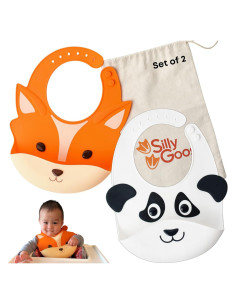 Conjunto de 2 Baberos de Silicona Silly Goose para Bebés - Panda y Zorro