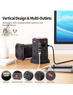 Torre de Regleta de Sobretensión PASSUS 12 Salidas AC 5 USB 3.05m 2