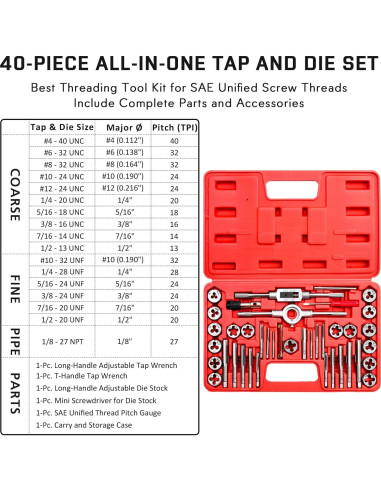 EFFICERE Kit de 40 Piezas de Herramientas de Rosca SAE Unificado