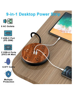 Regleta de alimentación TOPREK 6 tomas + 3 USB-C 20W madera 2