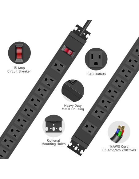 Regleta de Potencia JUNNUJ 10 Salidas 15A 2700J Montable 1.83m
