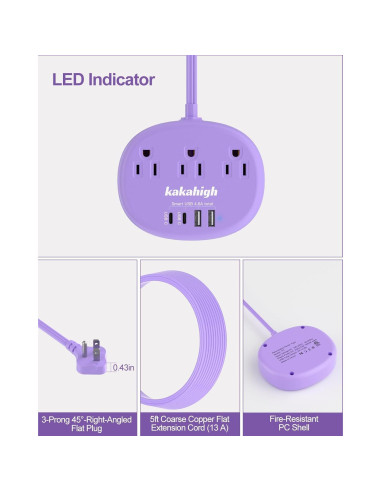 Cable de Extensión Kakahigh 1.52m Morado 3 Tomacorrientes 4 USB