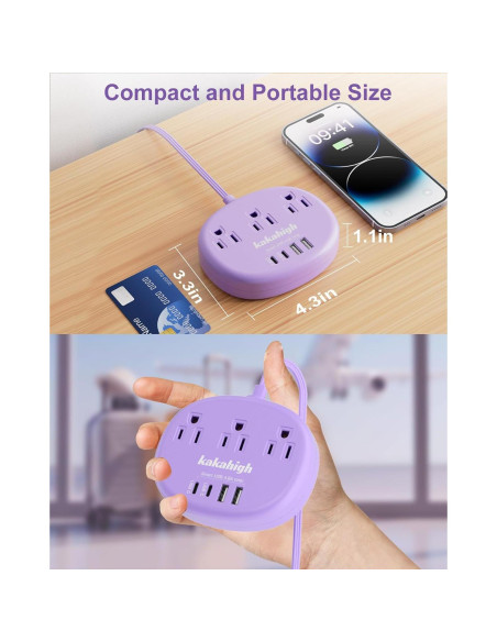 Cable de Extensión Kakahigh 1.52m Morado 3 Tomacorrientes 4 USB