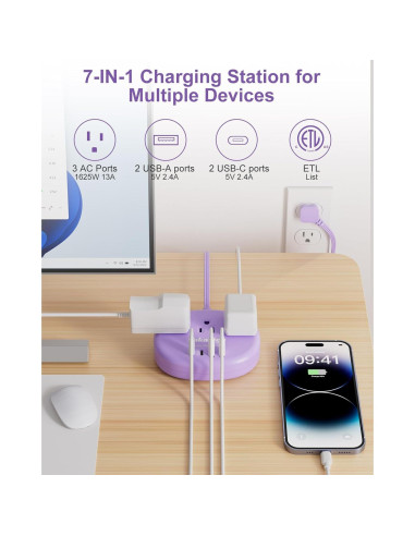 Cable de Extensión Kakahigh 1.52m Morado 3 Tomacorrientes 4 USB