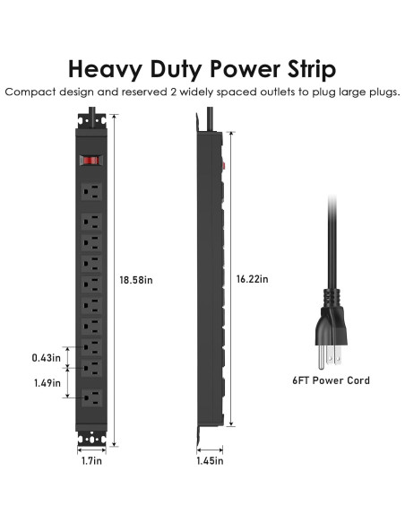 Regleta de Potencia JUNNUJ 10 Salidas 15A 2700J Montable 1.83m