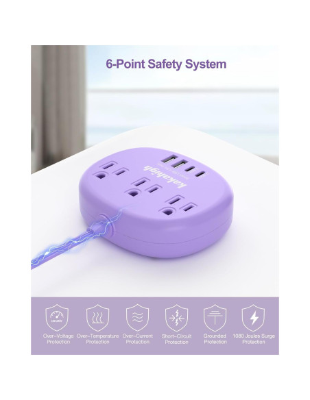 Cable de Extensión Kakahigh 1.52m Morado 3 Tomacorrientes 4 USB