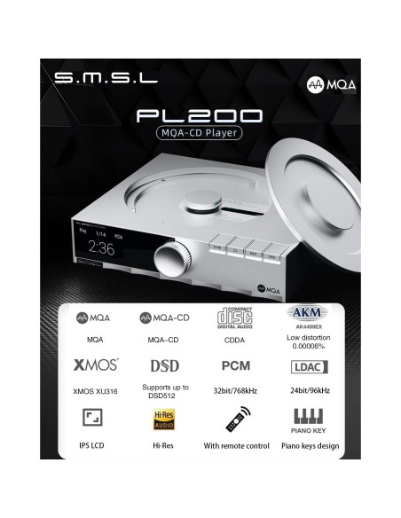 Reproductor de CD SMSL PL200 MQA con DAC AK4499EX Bluetooth 5.1