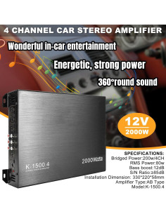 Amplificador de 4 Canales YaeCCC 2000W para Coche K-1500.4 2