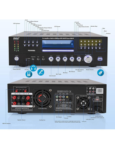 Amplificador Bluetooth Pyle PD3000BA 3000W 4 Canales con FM
