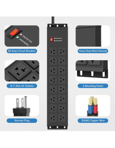 Regleta de 20A JUNNUJ con 16 Salidas y Protección 4800J 2