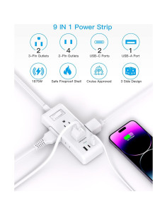 Regleta de Enchufes HANYCONY 1.5m 6 Salidas 3 USB C Blanca 2