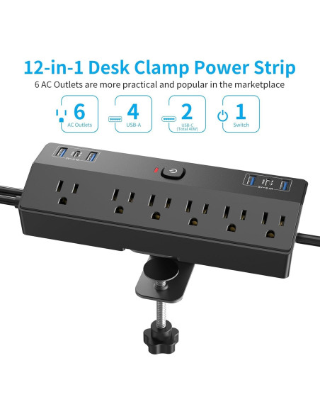 Toma de Corriente de Escritorio JXGUCAT 40W con 6 Salidas y 2 USB-C