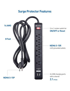 Regleta de 6 Salidas con USB Cable Matters 2.44m Negra 2