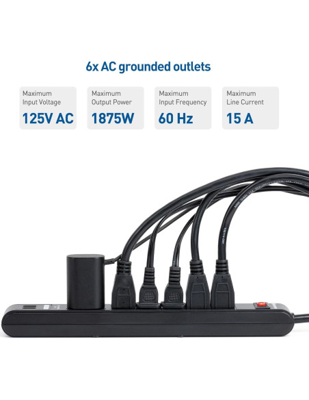 Regleta de 6 Salidas con USB Cable Matters 2.44m Negra