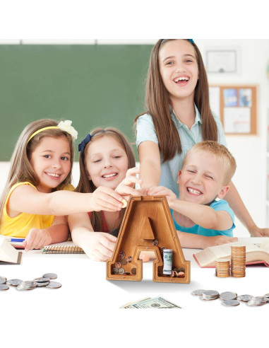 Banco de Dinero Personalizado de Madera 26 Letras Acrílico