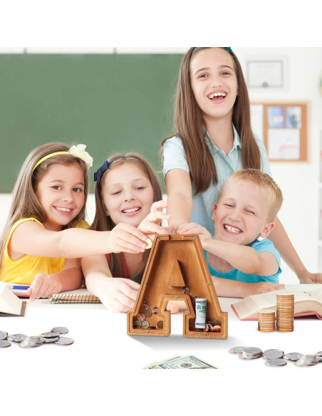 Banco de Dinero Personalizado de Madera 26 Letras Acrílico