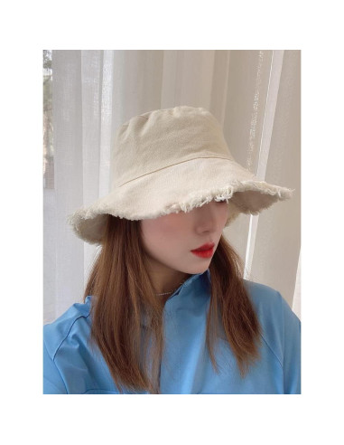 Sombrero de Cubo de Algodón Beige con Protección Solar UV