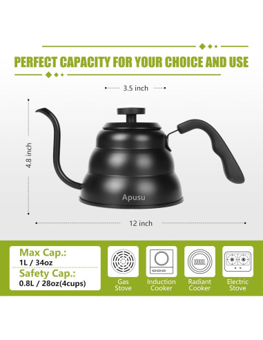 Hervidor de Cuello de Ganso Apusu 800ml con Termómetro Negro