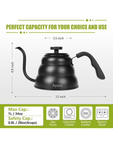 Hervidor de Cuello de Ganso Apusu 800ml con Termómetro Negro