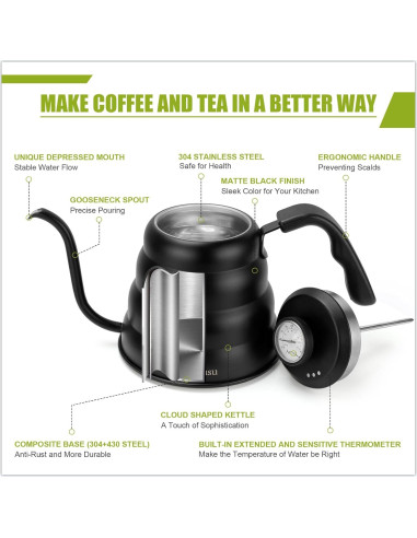 Hervidor de Cuello de Ganso Apusu 800ml con Termómetro Negro