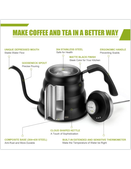 Hervidor de Cuello de Ganso Apusu 800ml con Termómetro Negro