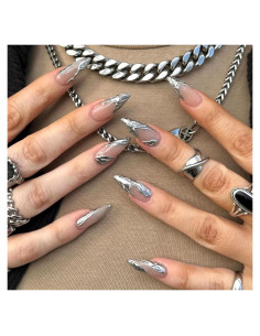 Uñas Falsas 3D Plata Francesa Vopintpy Medianas 24 Piezas