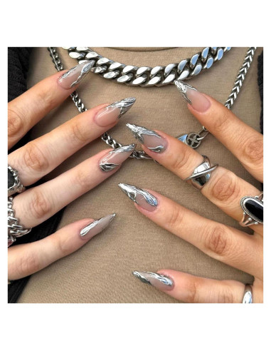 Uñas Falsas 3D Plata Francesa Vopintpy Medianas 24 Piezas