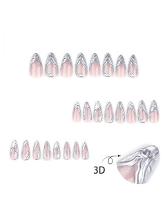Uñas Falsas 3D Plata Francesa Vopintpy Medianas 24 Piezas 2