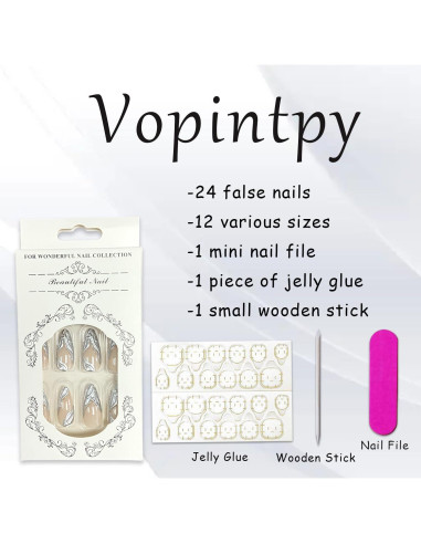 Uñas Falsas 3D Plata Francesa Vopintpy Medianas 24 Piezas