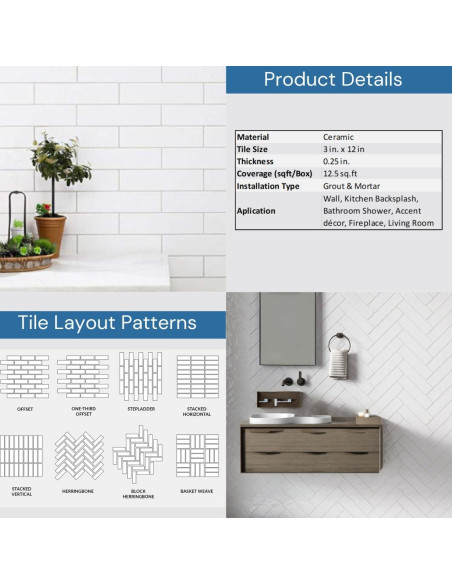 Azulejo Cerámico Subway Tenedos Blanco 30.48x7.62 cm Brillante - 50 Pcs