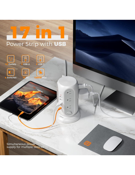 Regleta de Poder en Torre TESSAN 12 Salidas 5 USB Carga Rápida Regleta de Poder en Torre TESSAN 12 Salidas 5 USB Carga Rápida