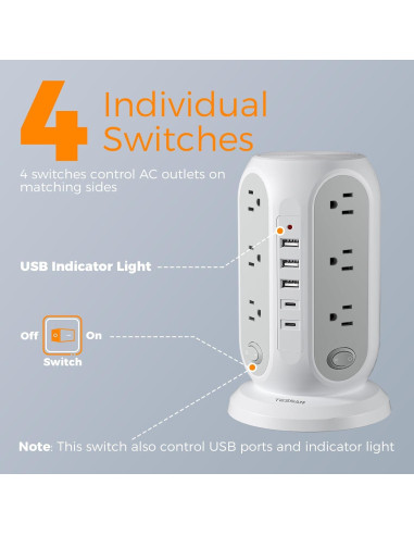 Regleta de Poder en Torre TESSAN 12 Salidas 5 USB Carga Rápida