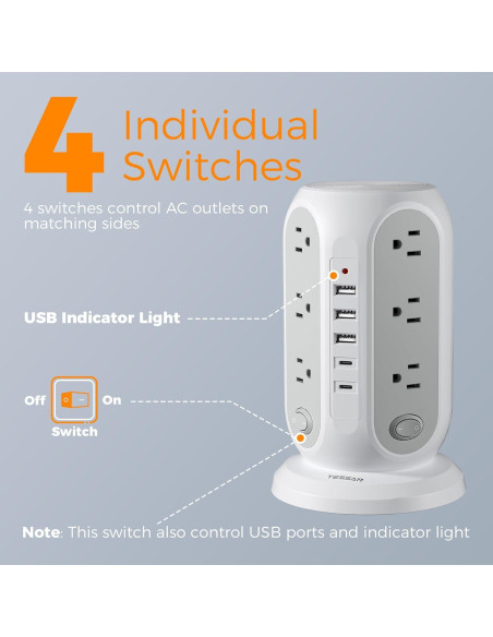 Regleta de Poder en Torre TESSAN 12 Salidas 5 USB Carga Rápida Regleta de Poder en Torre TESSAN 12 Salidas 5 USB Carga Rápida
