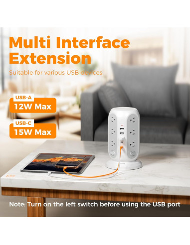 Regleta de Poder en Torre TESSAN 12 Salidas 5 USB Carga Rápida