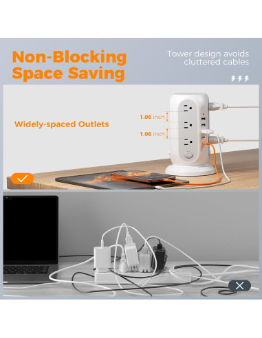 Regleta de Poder en Torre TESSAN 12 Salidas 5 USB Carga Rápida