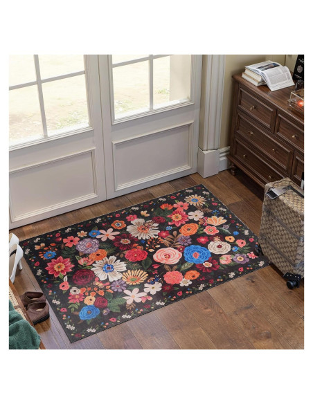 Alfombra de Entrada Lavable Babovid 2x3 Negra Floral Antideslizante