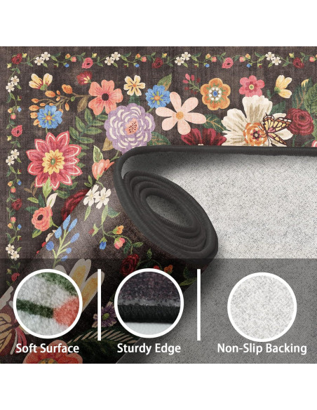 Alfombra de Entrada Lavable Babovid 2x3 Negra Floral Antideslizante