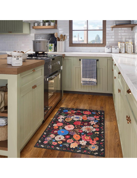Alfombra de Entrada Lavable Babovid 2x3 Negra Floral Antideslizante